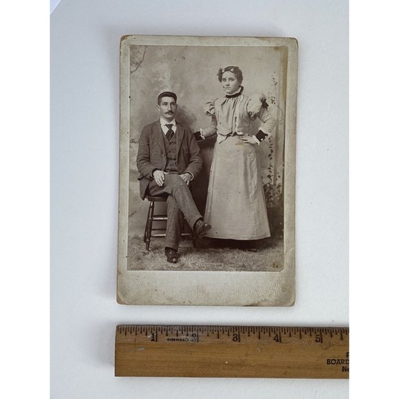 c1880 Cabinet Card Couple Studio Photo Man Moustache Woman High Neck Puff Sleeve - Picture 7 of 7